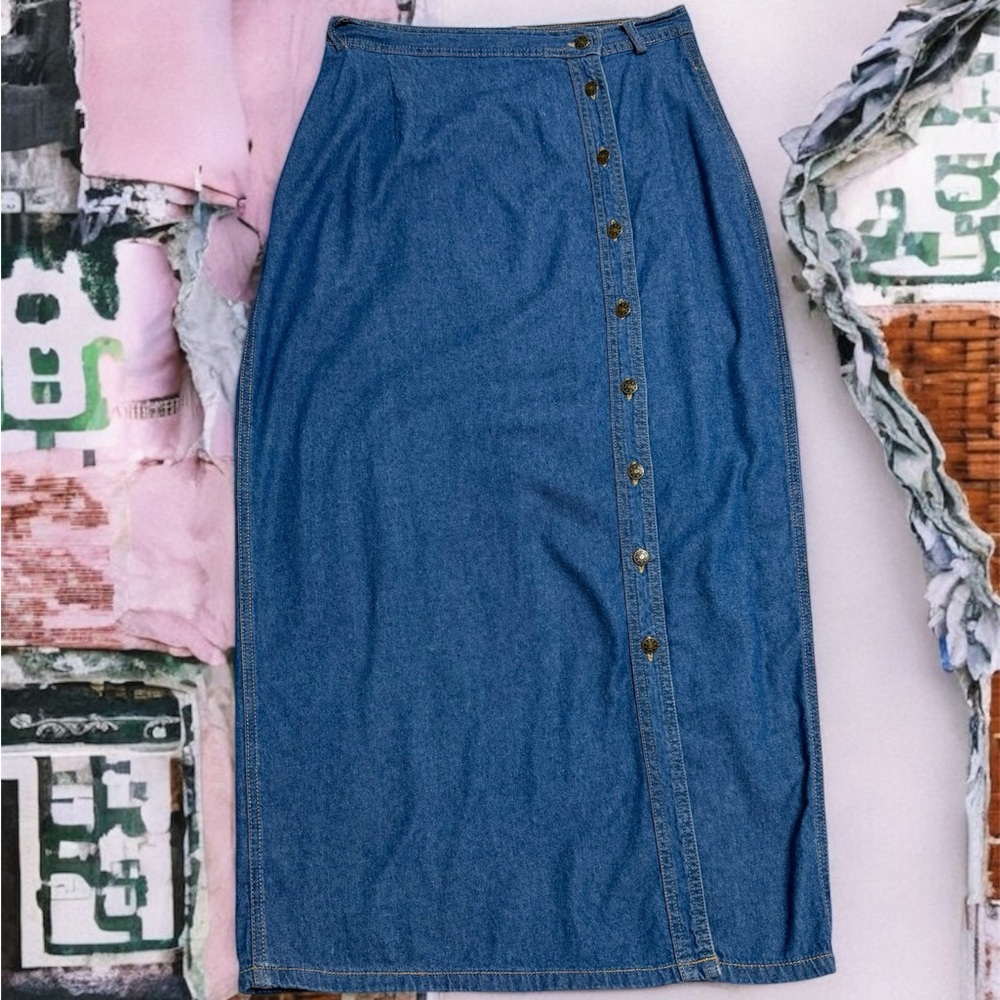 Vintage Blue Denim Button Down Skirt “Morningside” Size 10